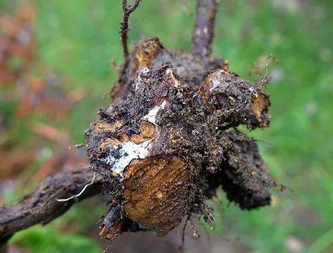 A root crown destroyed by root rot